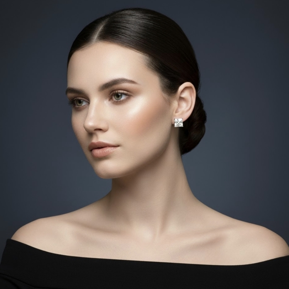 925 sterling Silver  Emeral Cut Cz Stud Earrings